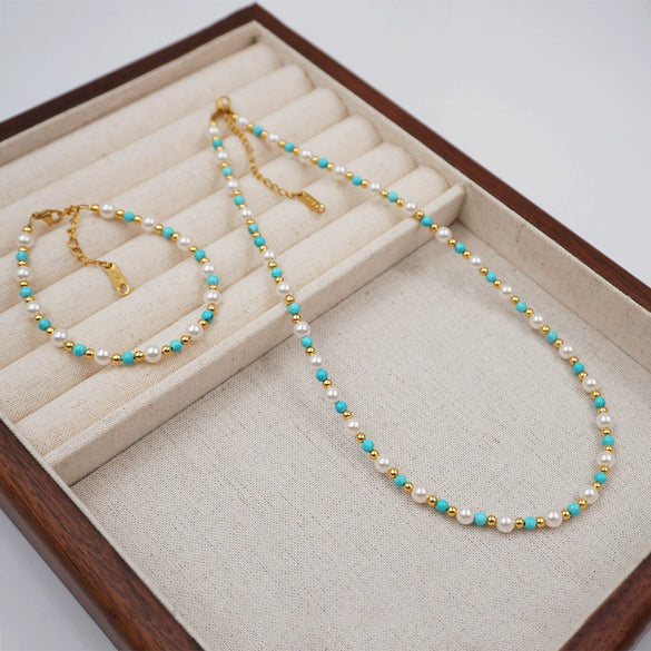 Wholesale Turquoise Imitation Pearl Beaded Geometric Handmade Necklace And Bracelet For Women