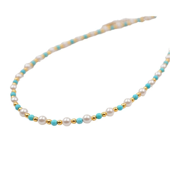 Wholesale Turquoise Imitation Pearl Beaded Geometric Handmade Necklace And Bracelet For Women