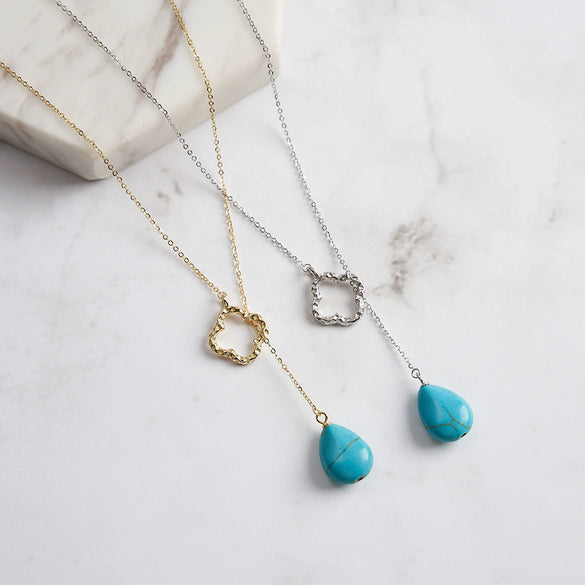 Wholesale Turquoise Jewelry Fourleaf Clover Geometric Retro Pendant 925 Sterling Silver Necklace With Electroplating For Women
