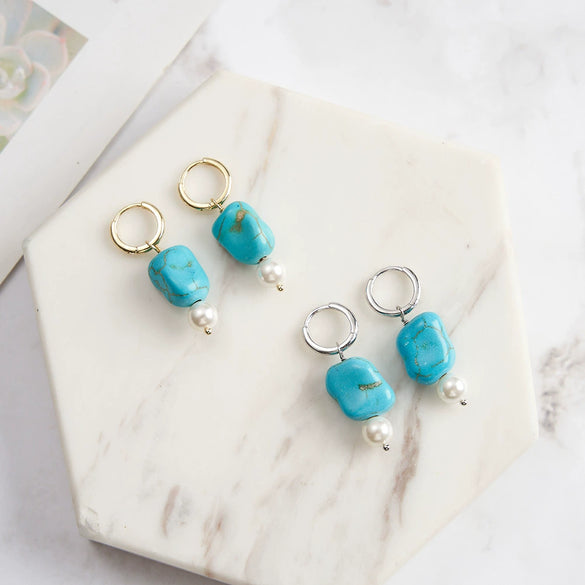 Wholesale Turquoise Pearl Drop Earrings For Women Geometric Style Electroplated