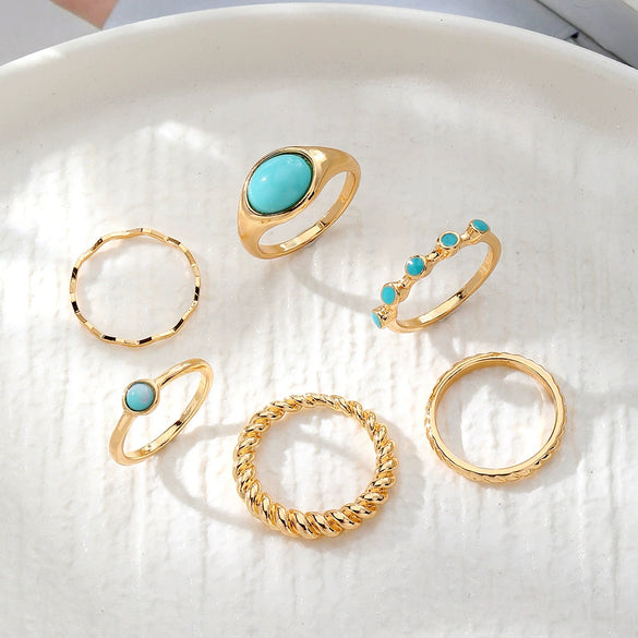 Wholesale Turquoise Retro Geometric Inlay Ladies Ring