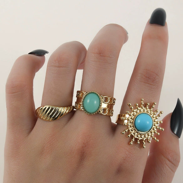 Wholesale Turquoise Retro Geometric Inlay Ladies Ring