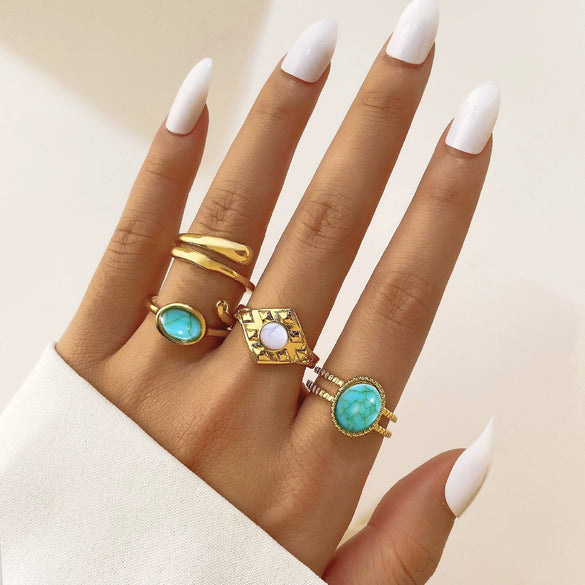 Wholesale Turquoise Retro Geometric Inlay Ladies Ring