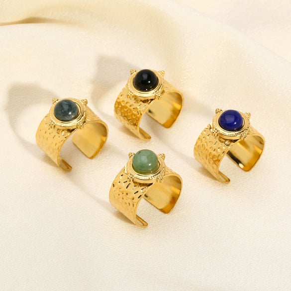 Wholesale Turquoise Ring With Natural Stone Stainless Steel Geometric Pattern Pvd Real Gold Plating For Girls Retro Style
