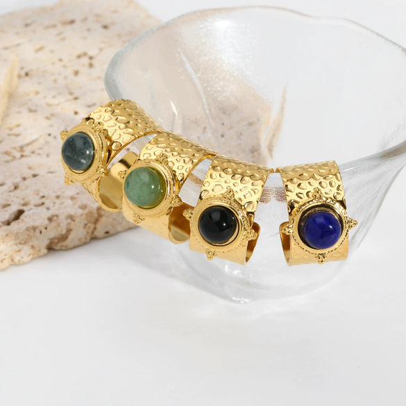 Wholesale Turquoise Ring With Natural Stone Stainless Steel Geometric Pattern Pvd Real Gold Plating For Girls Retro Style