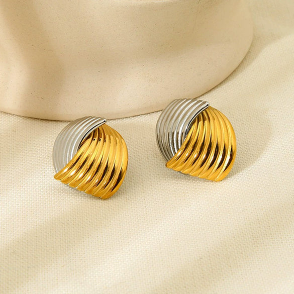 Wholesale Twotone Geometric Patchwork 18K Gold Plated Stainless Steel Earrings For Women