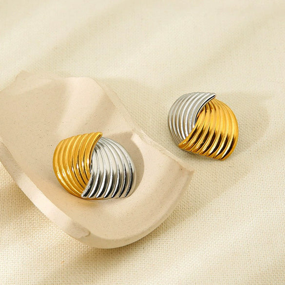 Wholesale Twotone Geometric Patchwork 18K Gold Plated Stainless Steel Earrings For Women