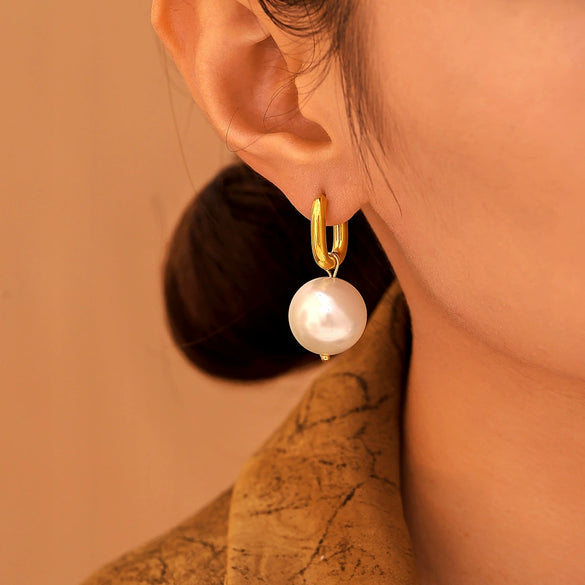 Wholesale U Shaped Ear Buckle Shijia Pearl Earrings For Women Stainless Steel Sweet Style Geometric Pattern Electroplated