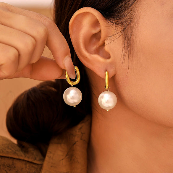 Wholesale U Shaped Ear Buckle Shijia Pearl Earrings For Women Stainless Steel Sweet Style Geometric Pattern Electroplated