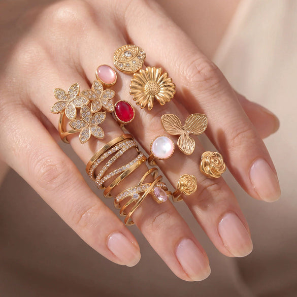 Wholesale Unisex Alloy Geometric Flower Rose Eyes Butterfly Cross Pattern Ring Set With Diamonds 18K Gold Plated Adjustable Open Ring Fashion Accessory
