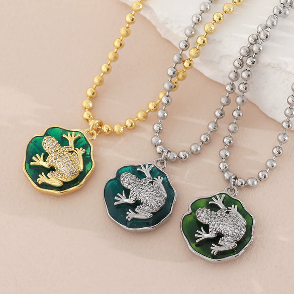 Wholesale Unisex Animal Shaped Copper 18K Gold Plated Frog Pendant Necklace With Ball Chain