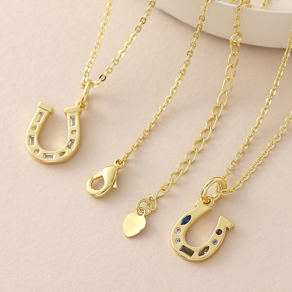 Wholesale Unisex Casual Style Rhinestone Horseshoe Pendant Necklace Copper Gold Plated O Word Chain