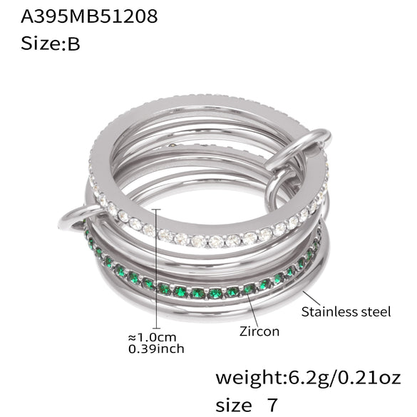 Wholesale Unisex Cold Style Geometric Stainless Steel Electroplated Micropaved Zircon Lock Key Tassel Open Stacked Ring