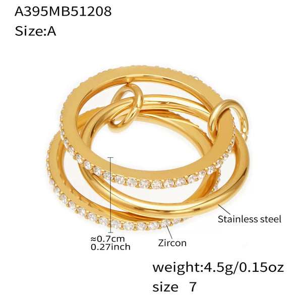 Wholesale Unisex Cold Style Geometric Stainless Steel Electroplated Micropaved Zircon Lock Key Tassel Open Stacked Ring