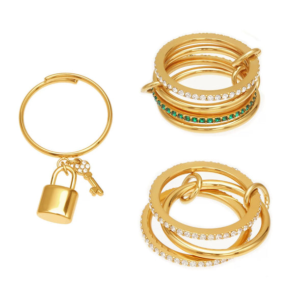 Wholesale Unisex Cold Style Geometric Stainless Steel Electroplated Micropaved Zircon Lock Key Tassel Open Stacked Ring