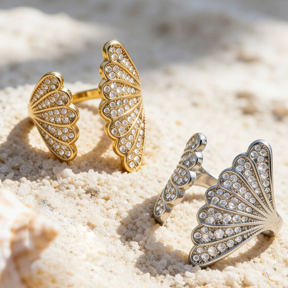 Wholesale Unisex Cold Style Geometric Stainless Steel Peacock Tail Zircon Ring Plated With 18K Real Gold