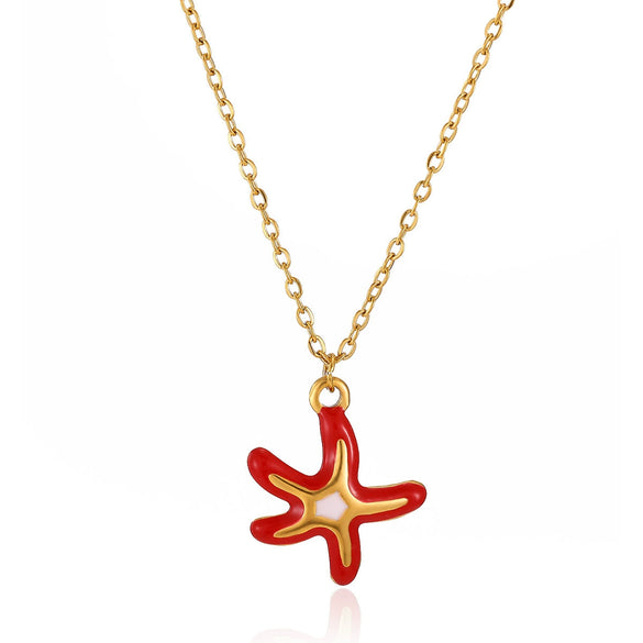 Wholesale Unisex Colorful Oildropping Gold Electroplated Stainless Steel Starfish Pendant Cross Chain Necklace