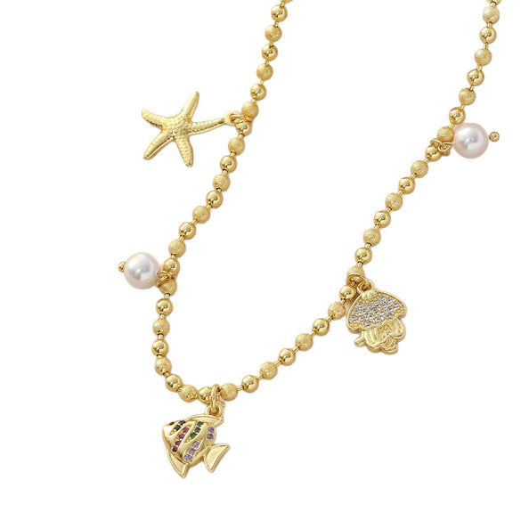 Wholesale Unisex Copper Goldplated Starfish And Small Fish Pendant Necklace In Sweet And Cool Animal Style