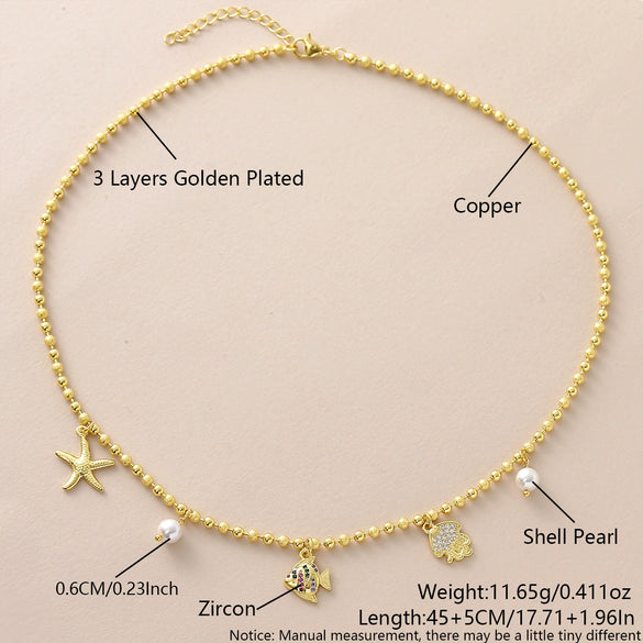 Wholesale Unisex Copper Goldplated Starfish And Small Fish Pendant Necklace In Sweet And Cool Animal Style