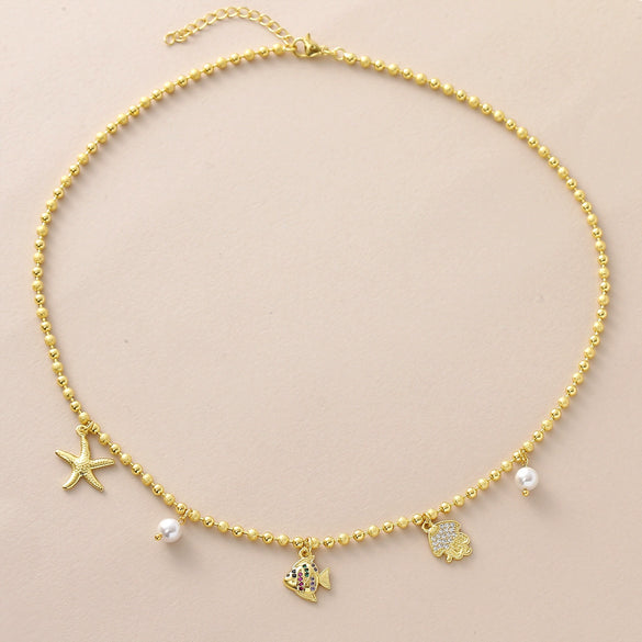 Wholesale Unisex Copper Goldplated Starfish And Small Fish Pendant Necklace In Sweet And Cool Animal Style