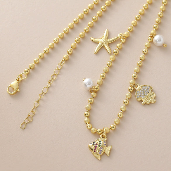 Wholesale Unisex Copper Goldplated Starfish And Small Fish Pendant Necklace In Sweet And Cool Animal Style