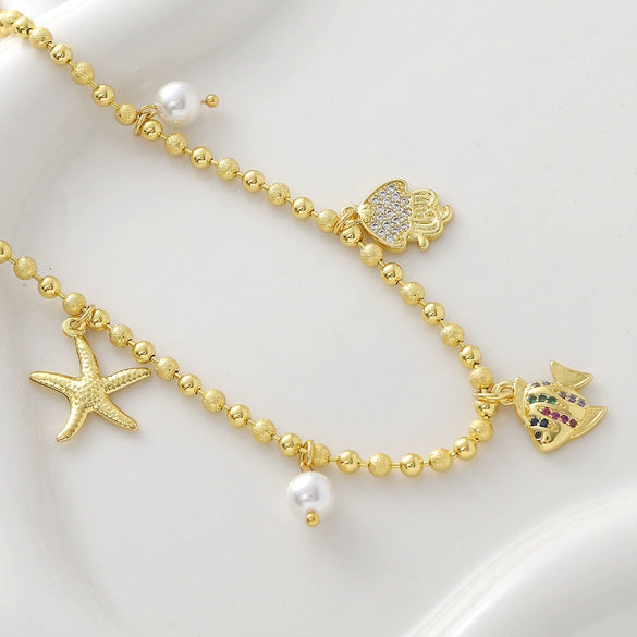 Wholesale Unisex Copper Goldplated Starfish And Small Fish Pendant Necklace In Sweet And Cool Animal Style