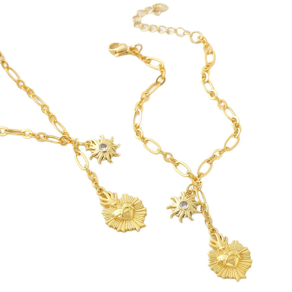 Wholesale Unisex Copper Real Gold Plated Holy Heart Pendant Necklace And Paperclip Bracelet Jewelry Set