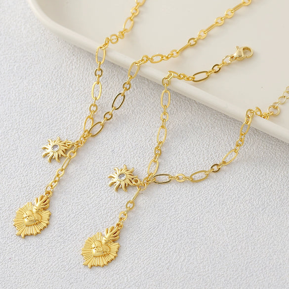 Wholesale Unisex Copper Real Gold Plated Holy Heart Pendant Necklace And Paperclip Bracelet Jewelry Set