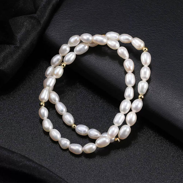 Wholesale Unisex Double Layer Natural Freshwater Pearl Bracelet 925 Sterling Silver Electroplated