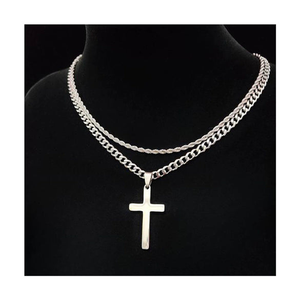Wholesale Unisex Doublelayer Titanium And Stainless Steel Ushaped Electroplated Cross Hiphop Stacking Style Necklace