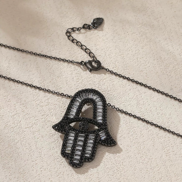 Wholesale Unisex Electroplated Copper Necklace With Zircon Pendant In Corn Chain Style Featuring Evil Eye And Fatima's Hand Design