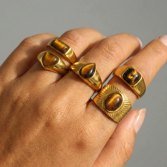 Wholesale Unisex Electroplated Geometric Natural Stone Stainless Steel Ring Hand Jewelry