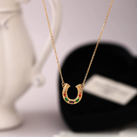 Wholesale Unisex Electroplated Stainless Steel Geometric Ushaped Rainbow Element Horseshoe Kaleidoscope Lucky Symbol Inlaid Zirconium Necklace With Ochain