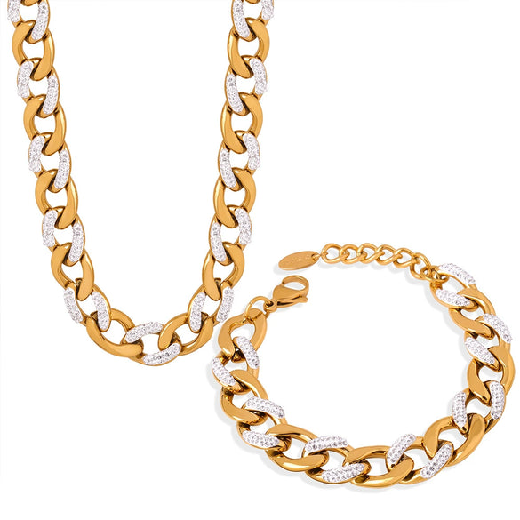 Wholesale Unisex Elegant Light Luxury Cuban Bracelet And Necklace Set In Titanium Steel With Regular Chain And Electroplating Treatment