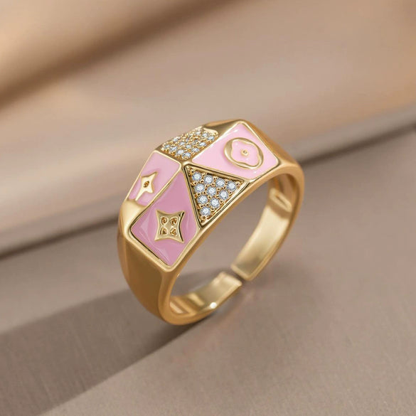 Wholesale Unisex Enamel Ring With Highend Zircon Gold Plated Copper Drip Oil Processing Plants And Flowers Pattern Retro Palace Style Openended Index Finger Ring
