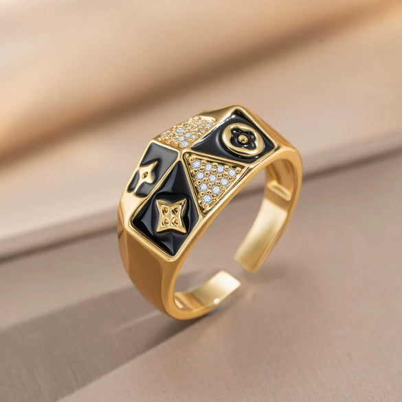 Wholesale Unisex Enamel Ring With Highend Zircon Gold Plated Copper Drip Oil Processing Plants And Flowers Pattern Retro Palace Style Openended Index Finger Ring