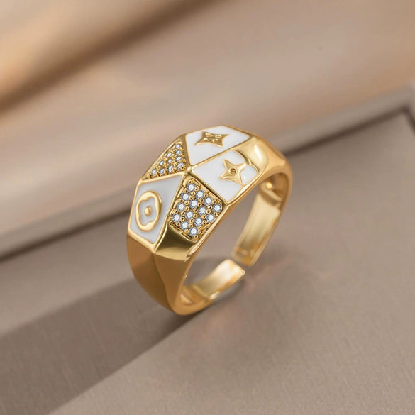 Wholesale Unisex Enamel Ring With Highend Zircon Gold Plated Copper Drip Oil Processing Plants And Flowers Pattern Retro Palace Style Openended Index Finger Ring