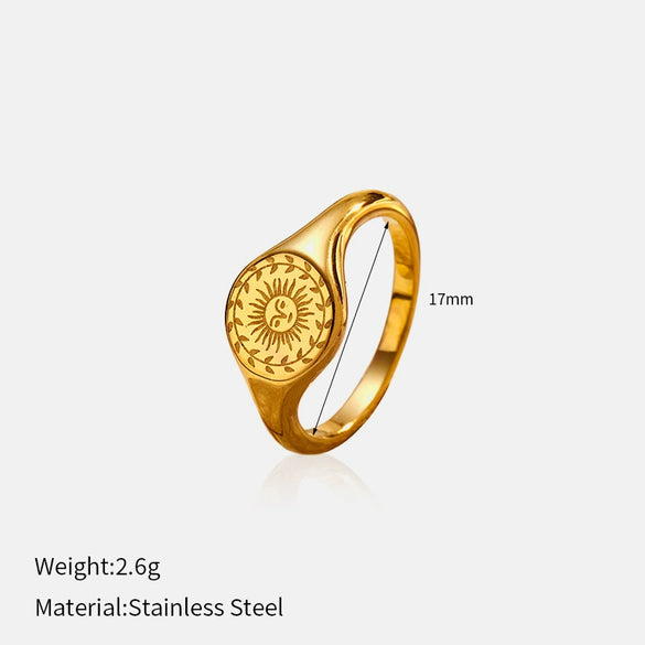 Wholesale Unisex Engraved Geometric Goldplated Titanium Steel Ring With Wreath Surrounding Sun Design