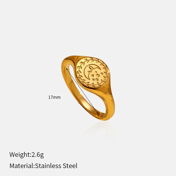 Wholesale Unisex Engraved Geometric Goldplated Titanium Steel Ring With Wreath Surrounding Sun Design