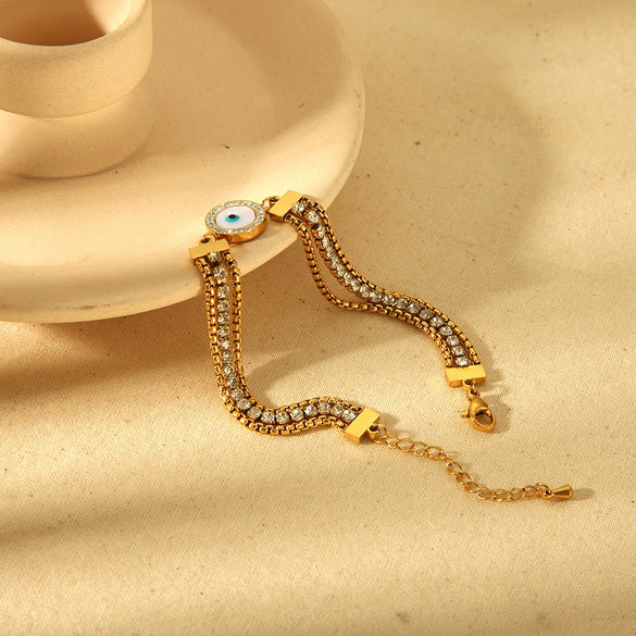 Wholesale Unisex Eyeshaped Geometric Diamond Stainless Steel 18K Gold Plated Threelayer Bracelet