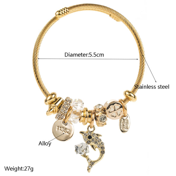 Wholesale Unisex Fashion Animal Diamond Inlaid Titanium Steel Bracelet With Dolphin Pendant