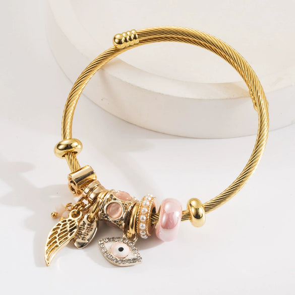 Wholesale Unisex Fashion Diamond Glaze Titanium Steel Bracelet With Devil's Eye Flowers And Animal Zodiac Pendant