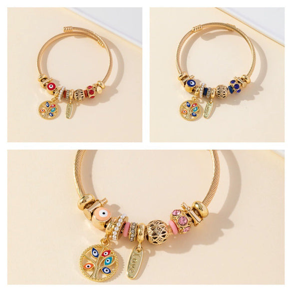 Wholesale Unisex Fashion Geometric Electroplated Stainless Steel Alloy Bracelet With Devil's Eye And Tree Of Life Pendant