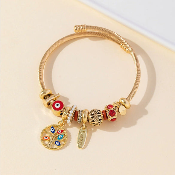 Wholesale Unisex Fashion Geometric Electroplated Stainless Steel Alloy Bracelet With Devil's Eye And Tree Of Life Pendant