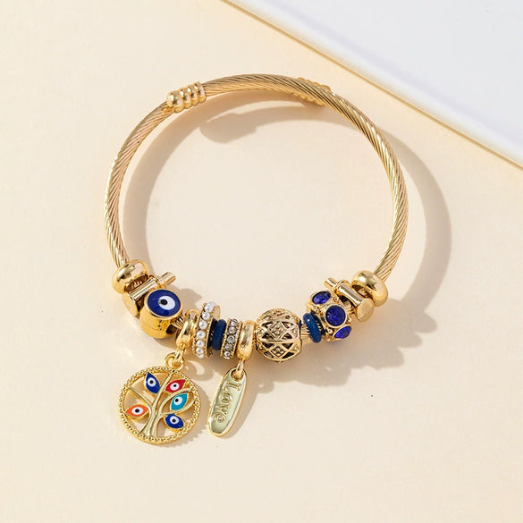 Wholesale Unisex Fashion Geometric Electroplated Stainless Steel Alloy Bracelet With Devil's Eye And Tree Of Life Pendant
