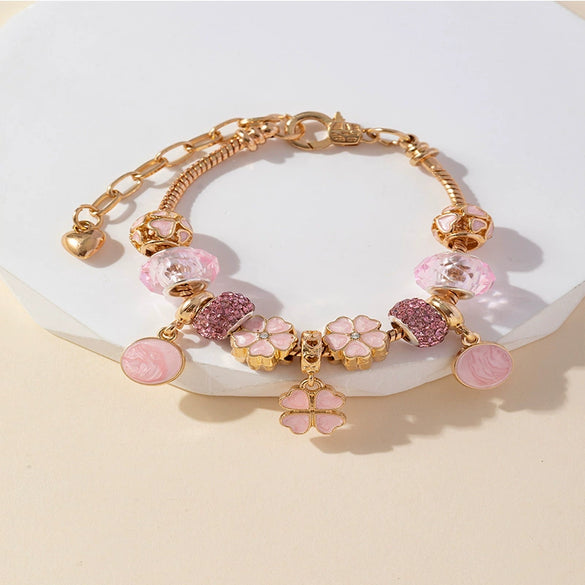 Wholesale Unisex Fashion Geometric Heartshaped Copper Alloy Electroplated Beaded Bracelet With Love Pendant And Diamond Ball Crystal Beads