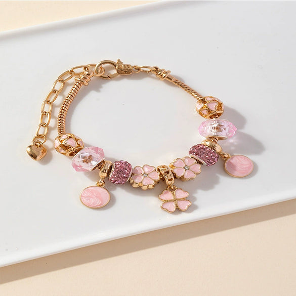 Wholesale Unisex Fashion Geometric Heartshaped Copper Alloy Electroplated Beaded Bracelet With Love Pendant And Diamond Ball Crystal Beads