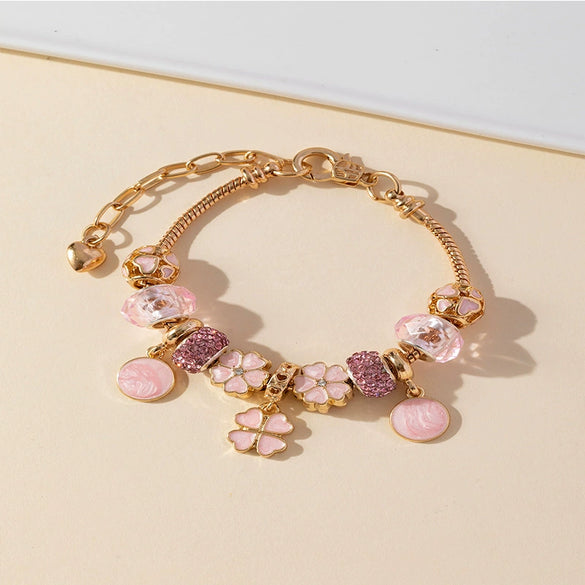 Wholesale Unisex Fashion Geometric Heartshaped Copper Alloy Electroplated Beaded Bracelet With Love Pendant And Diamond Ball Crystal Beads