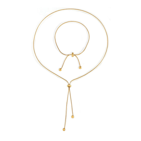 Wholesale Unisex Fashion Geometric Round Bead Pull Buckle Tassel Titanium Steel Electroplated 18K Gold Jewelry Set Of Necklace Bracelet And Anklet