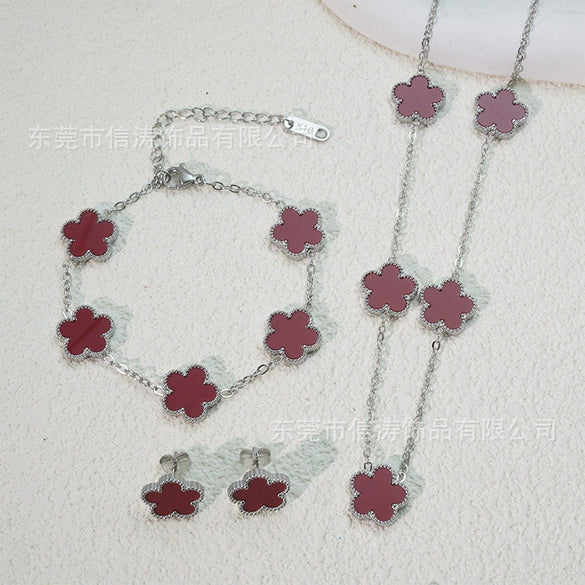 Wholesale Unisex Fashion Simple Plants And Flowers Titanium Steel Electroplated Necklace Bracelet Earrings Set